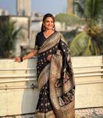Jade black pashmina kashmiri silk zari woven saree