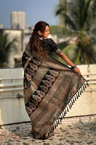 Jade black pashmina kashmiri silk zari woven saree