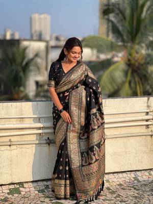 Jade black pashmina kashmiri silk zari woven saree 4