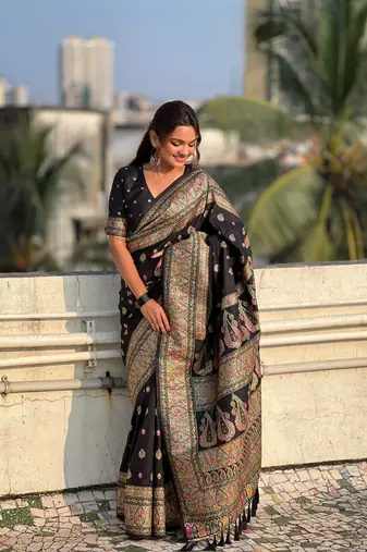 Jade black pashmina kashmiri silk zari woven saree