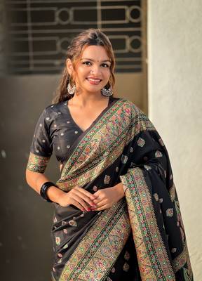 Jade black pashmina kashmiri silk zari woven saree 5