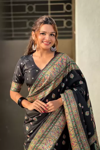 Jade black pashmina kashmiri silk zari woven saree