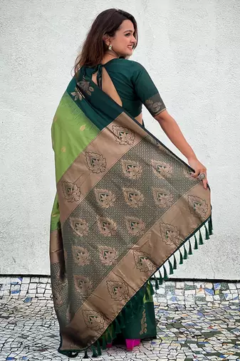 Iguana green soft silk floral border contrast zari woven saree