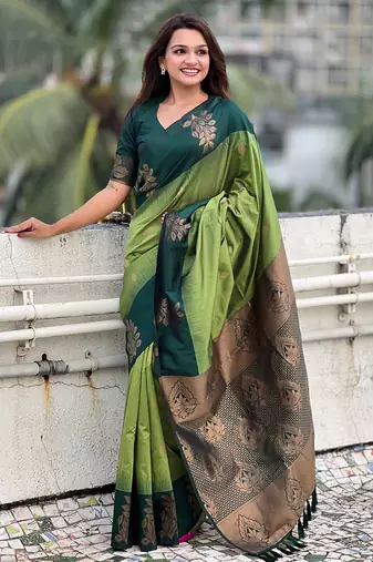 Iguana green soft silk floral border contrast zari woven saree