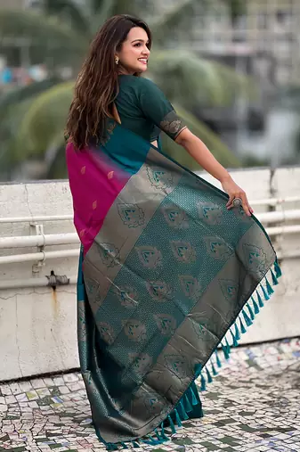Pink soft silk floral border contrast zari woven saree