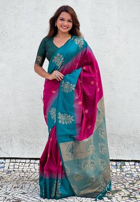 Pink soft silk floral border contrast zari woven saree 3