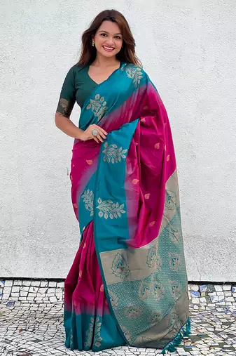 Pink soft silk floral border contrast zari woven saree