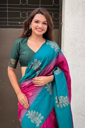 Pink soft silk floral border contrast zari woven saree