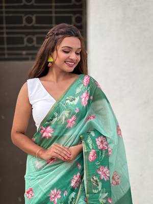 Sea green chanderi cotton pichwai printed saree with zari woven border 2