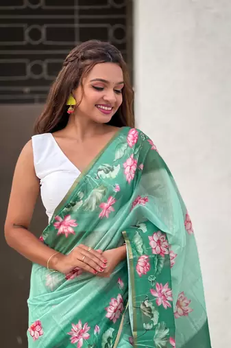 Sea green chanderi cotton pichwai printed saree with zari woven border