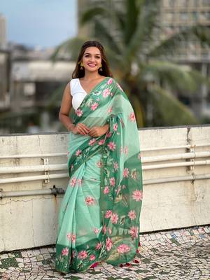 Sea green chanderi cotton pichwai printed saree with zari woven border 3