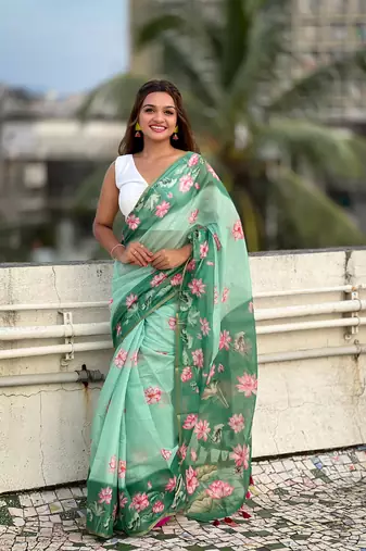 Sea green chanderi cotton pichwai printed saree with zari woven border