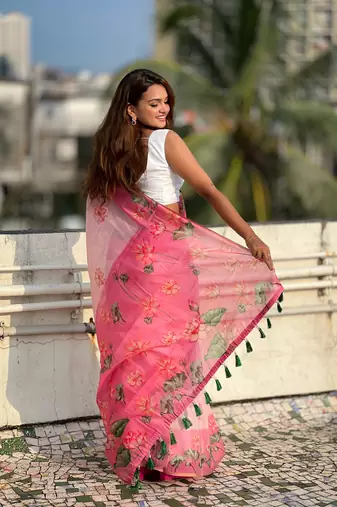 Baby pink chanderi cotton pichwai printed saree with zari woven border