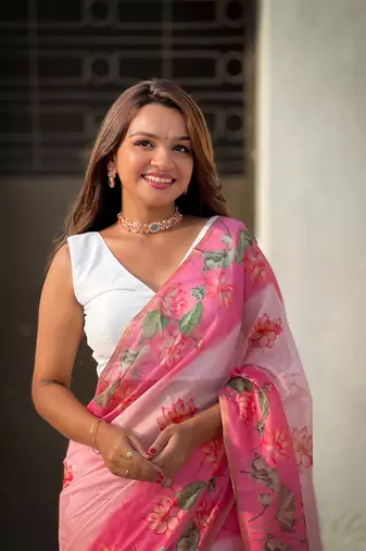 Baby pink chanderi cotton pichwai printed saree with zari woven border