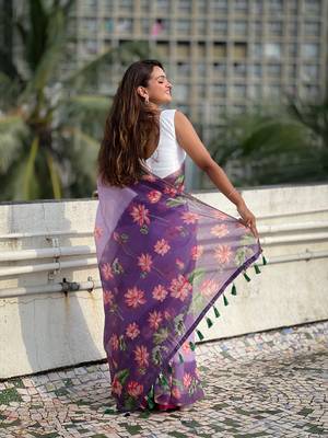 Lavender chanderi cotton pichwai printed saree with zari woven border 2