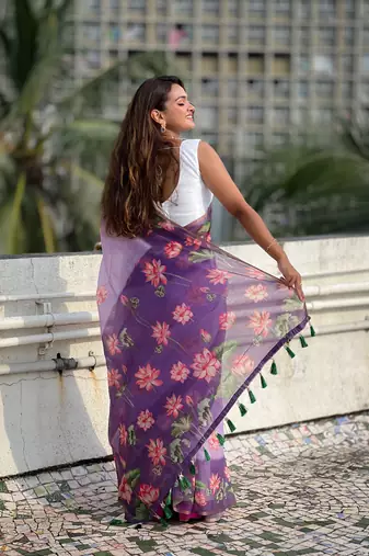 Lavender chanderi cotton pichwai printed saree with zari woven border