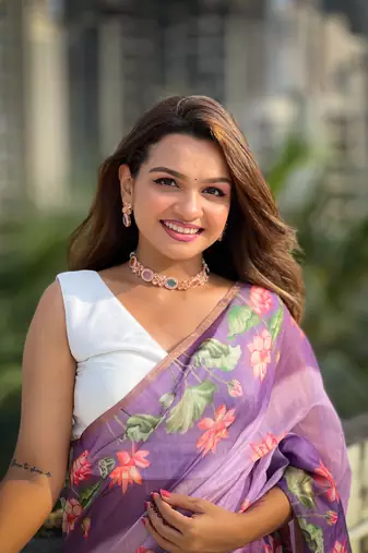 Lavender chanderi cotton pichwai printed saree with zari woven border