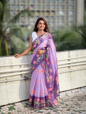 Lavender chanderi cotton pichwai printed saree with zari woven border 1