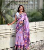 Lavender chanderi cotton pichwai printed saree with zari woven border