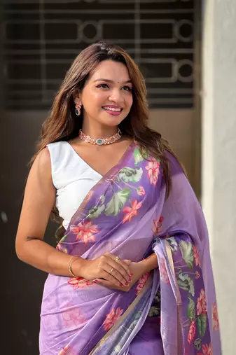Lavender chanderi cotton pichwai printed saree with zari woven border