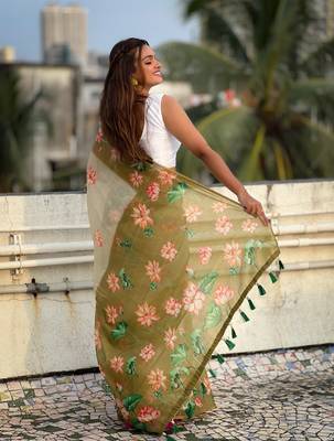 Green chanderi cotton pichwai printed saree with zari woven border 2