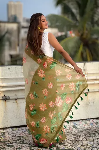 Green chanderi cotton pichwai printed saree with zari woven border