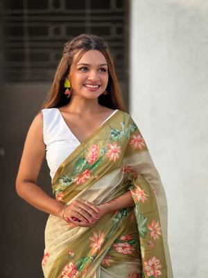 Green chanderi cotton pichwai printed saree with zari woven border 4