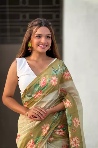 Green chanderi cotton pichwai printed saree with zari woven border