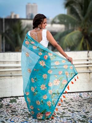 Sky blue chanderi cotton pichwai printed saree with zari woven border 2