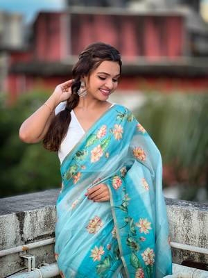 Sky blue chanderi cotton pichwai printed saree with zari woven border 3