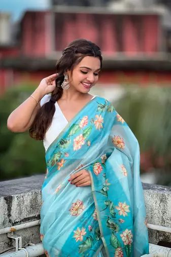 Sky blue chanderi cotton pichwai printed saree with zari woven border