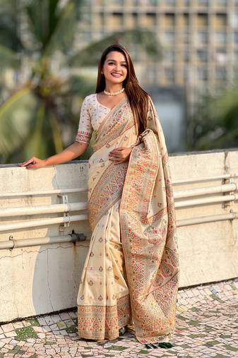 Cream pashmina kashmiri silk zari woven saree