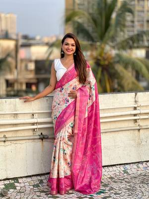 Pink tussar silk kalamkari printed saree with zari woven border 1