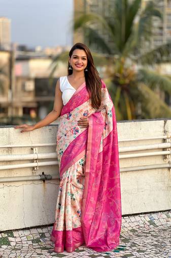 Pink tussar silk kalamkari printed saree with zari woven border