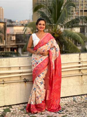 Coral red tussar silk kalamkari printed saree with zari woven border 1