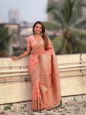 Peach pashmina kashmiri silk zari woven saree 1