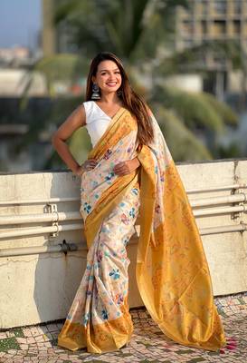 Gold tussar silk kalamkari printed saree with zari woven border 1
