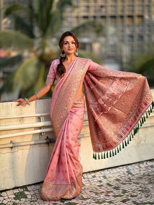 Pink pashmina kashmiri silk zari woven saree 1