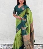Iguana green soft silk floral border contrast zari woven saree