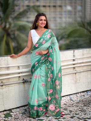 Sea green chanderi cotton pichwai printed saree with zari woven border 1