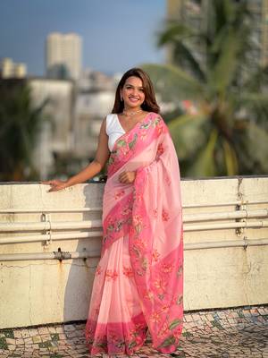 Baby pink chanderi cotton pichwai printed saree with zari woven border 1