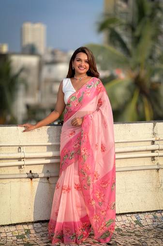 Baby pink chanderi cotton pichwai printed saree with zari woven border