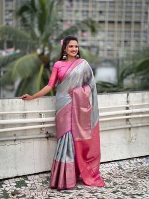 Grey kanjivaram soft tissue silk leheriya traditional zari woven saree 3
