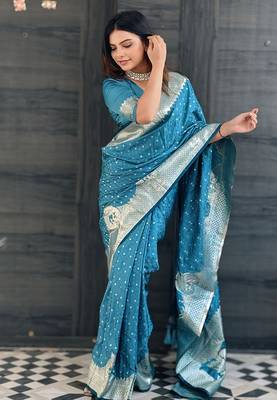 Butterfly blue banarasi satin silk zari woven saree 2