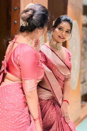 Salmon pink banarasi satin silk zari woven saree