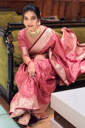 Salmon pink banarasi satin silk zari woven saree