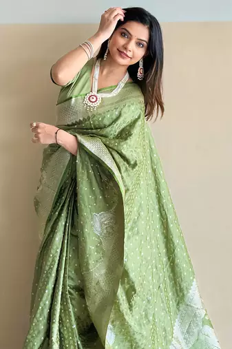 Thistle green banarasi satin silk zari woven saree