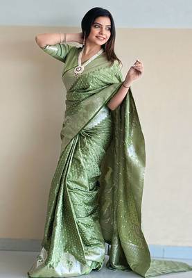 Thistle green banarasi satin silk zari woven saree 3