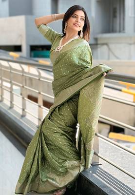 Thistle green banarasi satin silk zari woven saree 4