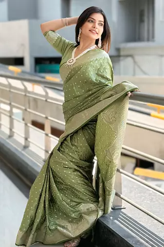 Thistle green banarasi satin silk zari woven saree